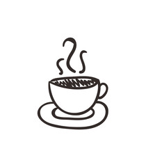 Simple line drawing of a steaming cup of coffee on a saucer.