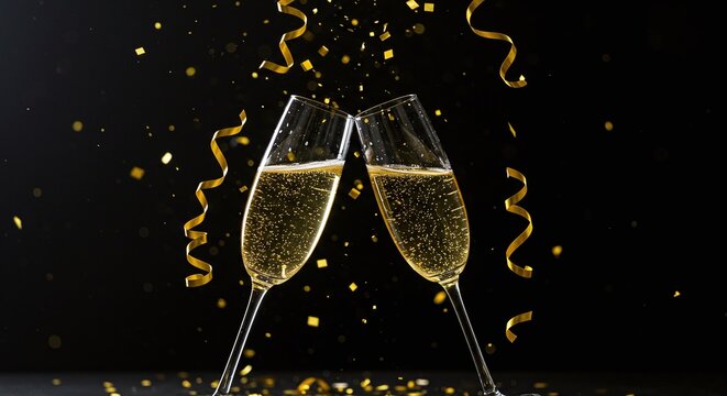 Cheers to new beginnings Two elegant champagne flutes clinking together with golden confetti and streamers against a dark, celebratory background, symbolizing joy and festive moments.
