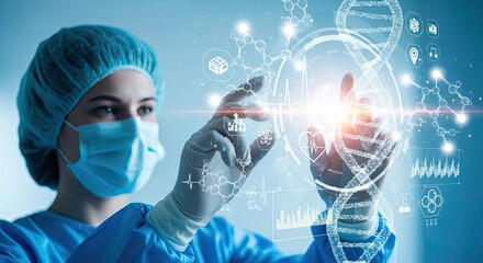 Medical professional interacting with DNA strand and medical data interface, modern healthcare, science