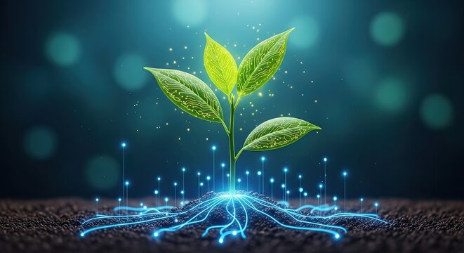 Futuristic digital plant growing from the earth, symbolizing technology, innovation, and sustainable growth concepts