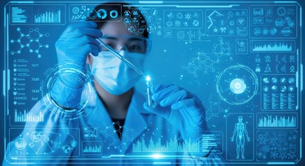 Scientist conducting research with futuristic technology interface, innovative medical discovery, and scientific analysis