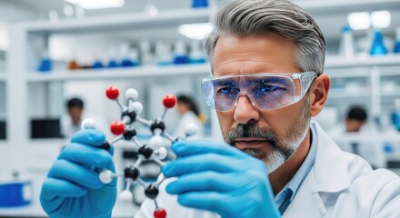 Experienced scientist analyzing molecular structure model in modern laboratory setting for research and discovery
