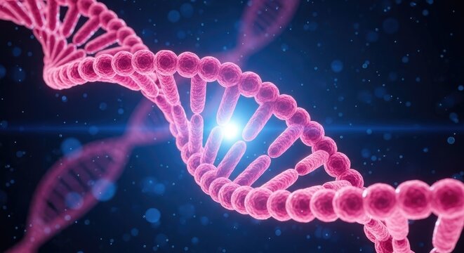 Dynamic 3D rendered DNA double helix, showcasing the building blocks of life and scientific advancement