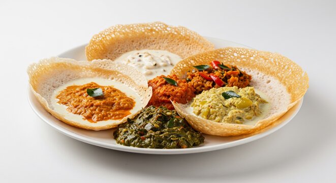 Deliciously crispy appam served with vibrant colorful chutneys. AI Generated