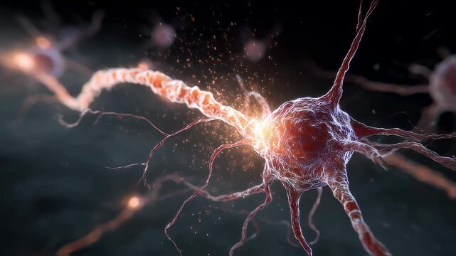 Highdetail medical animation showing inflammatory response and neurogenic wave patterns extending outward from a rabies virus entry point.