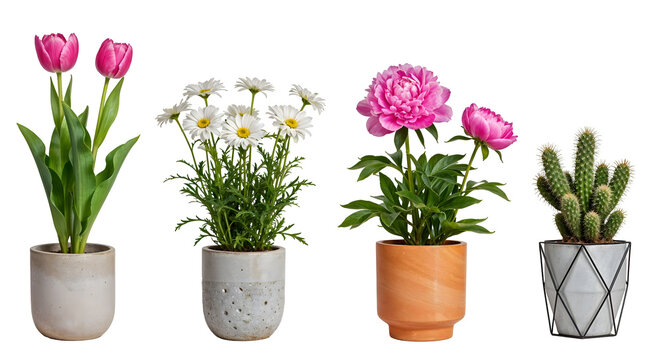 Set of various Houseplants: Tulip, Peony, Chamomile, Cactus isolated on transparent background