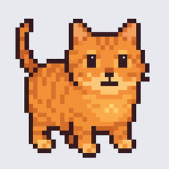 Adorable fluffy ginger tabby cat character in a retro 8bit pixel art style standing with its tail up. Vector Illustrations. EPS Editable