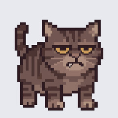 Fototapeta premium Grumpy brown tabby cat with a single fang rendered in a retro pixel art style. Vector Illustrations. EPS Editable