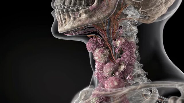 Side angle capturing airway blockage risk due to extensive whitegrey membrane buildup in infected throat.