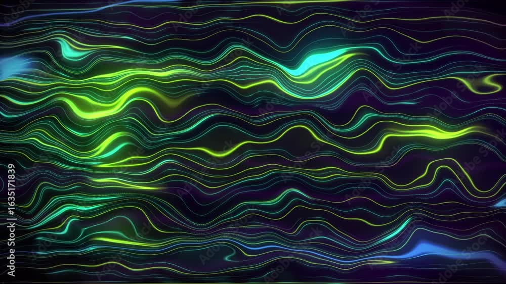Poster abstract neon wave pattern with blue and green lines flowing on a dark background