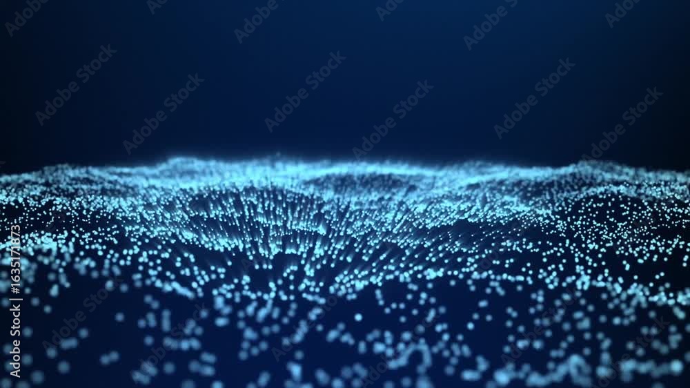 Poster a field of blue particles moves in a wave pattern. the particles are illuminated from above, giving 