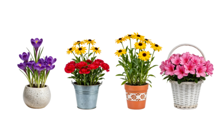 Set of various Houseplants: Crocus, Rudbeckia, Carnation, Azalea isolated on transparent background