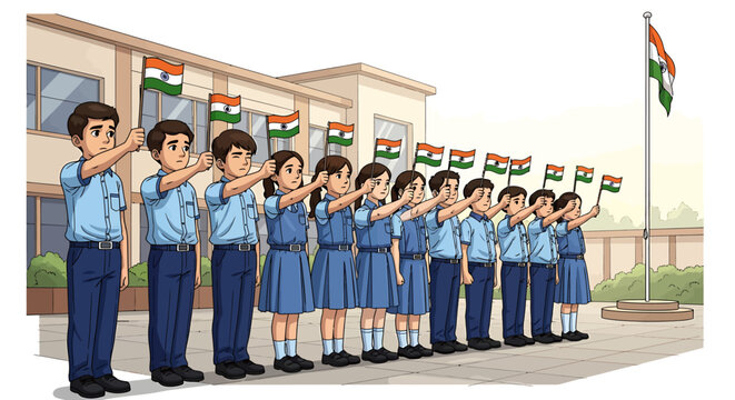 Patriotic Indian school children in blue uniforms holding tricolor flags during a ceremony. Vector Illustrations. EPS Editable