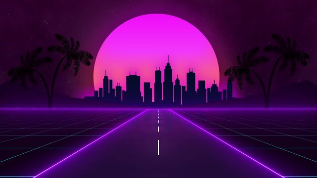 A nighttime scene of a futuristic cityscape with palm trees on either side of a glowing road. The sky is dark purple with a large, pink sun setting in the background
