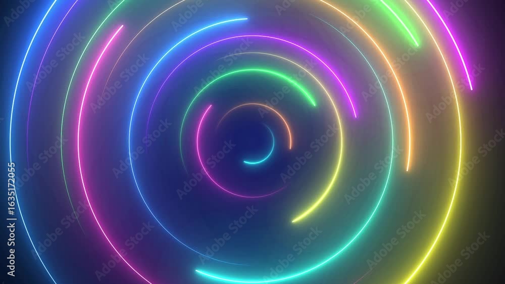 Poster neon circles of different colors rotate in a circular pattern against a dark background