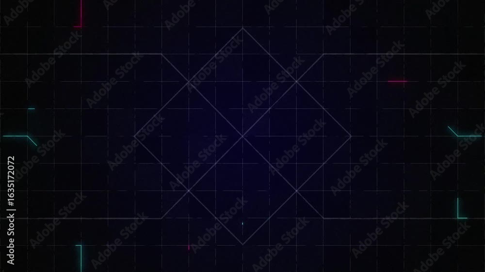 Poster blue and pink neon lights animate on a black grid background. the lights form an intersecting patter