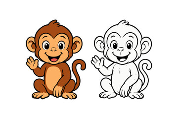 Cartoon monkey sketch, colored and outline for kids coloring book.