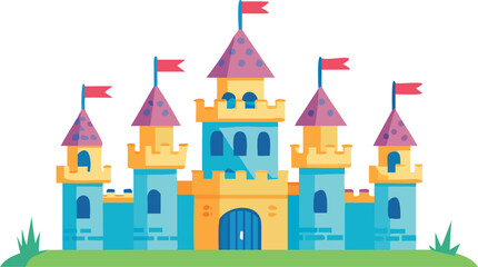 A colorful cartoon castle with multiple flags waving atop its towers against a bright blue sky.