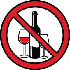 Vector illustration of a no alcohol sign featuring a crossed-out wine glass and bottle.