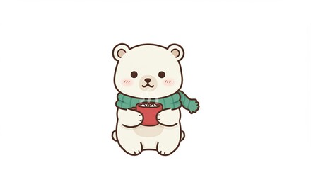 Fototapeta premium Adorable polar bear enjoys warm cocoa on a cold day. AI Generated