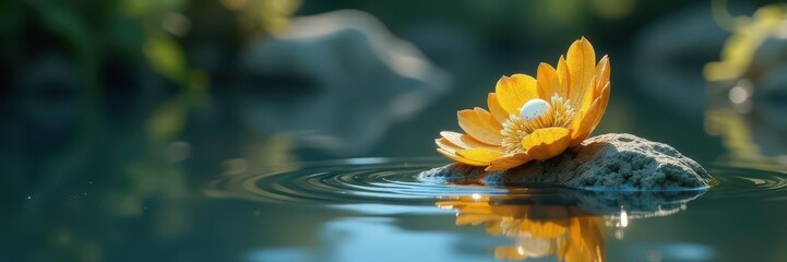 Reflective gold and silver trinket on placid water, blurred backdrop , soft, silver, water