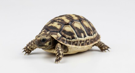 Fototapeta premium Adorable baby tortoise slowly crawls across bright white background. AI Generated