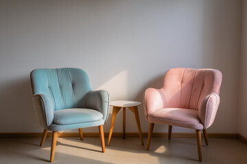 Two chairs in modern psychotherapy office interior