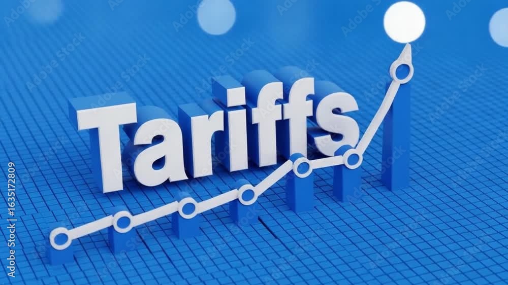 Poster tariffs text with upward trending line graph on a blue grid background in a digital rendering