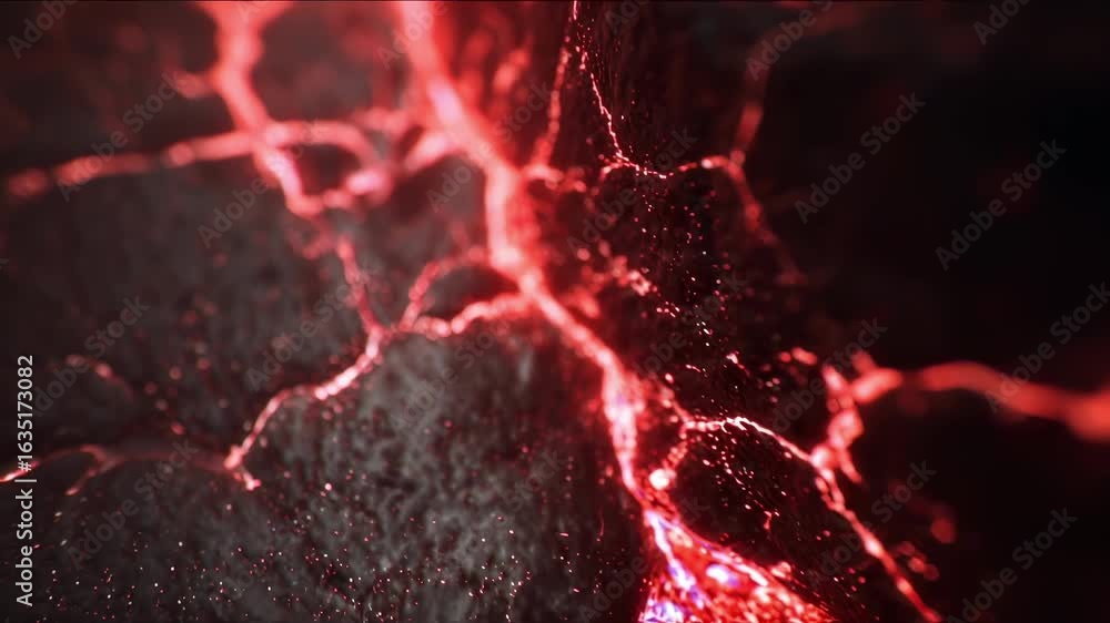 Poster macro skin surface showing a superficial crack highlighted by sudden sharp red sparks in slow motion