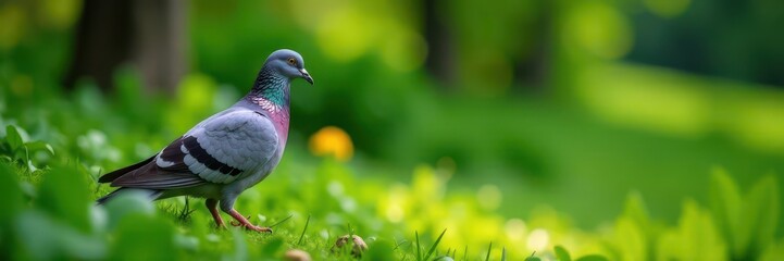 Fototapeta premium Solitary gray pigeon amidst lush garden greenery , picture, birdlife, nature