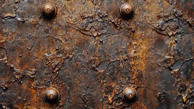 Close-up view of a weathered metal surface showcasing rust and texture with rivets