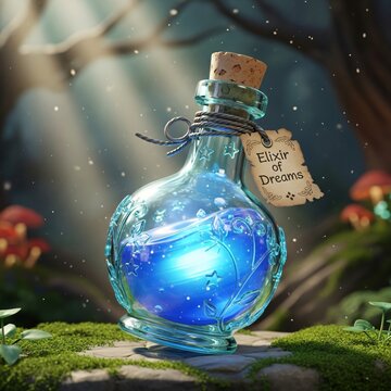 A magical blue elixir of dreams in a vintage glass bottle, glowing with enchantment in a mystical forest setting