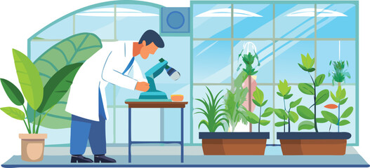 Scientist examining plants in a greenhouse, surrounded by various species and natural light filtering through the glass.