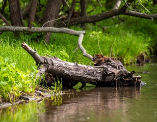 Forest stream scene with beavers