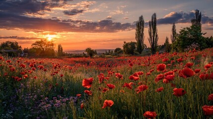 Sunset over Poppy Field: A Serene Landscape