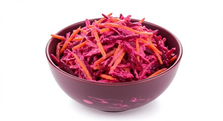 Vibrant beet and carrot salad sits in a dark bowl against a bright white background. AI Generated