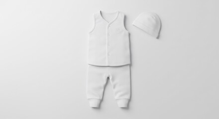 Soft white baby clothes gently lay on a bright background. AI Generated