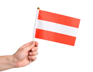  Hand Holding Miniature Austria Flag on Stick, Side Angle with Fluttering Motion, Isolated on Transparent Background.