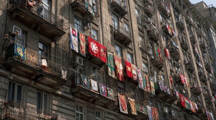 Medieval Flags Adorn Old Building Facade
