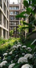 Urban Oasis Courtyard Garden, Modern Apartments, Blooming Hydrangeas
