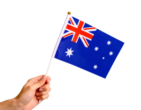 Miniature Australian Flag on Stick Held by Hand, Side View with Motion Curl, Isolated on Transparent Background.