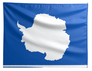 Unofficial Antarctica Flag with White Continent Silhouette on Blue Background, Front View, Waving Fabric, Isolated on Transparent Background