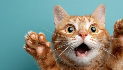 Close-up of a ginger cat with wide-eyed surprise