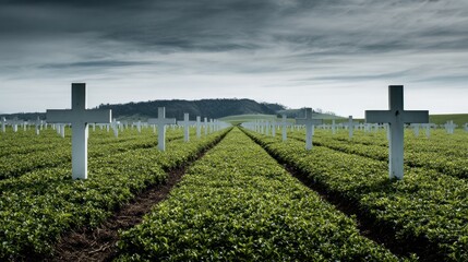 Rows of White Crosses in a Verdant Field Under a Cloudy Sky