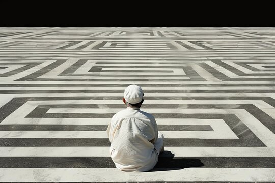Middle-aged man sits on large geometric pattern outdoors. Serene expression reflects deep thought during the daytime. - Powered by Adobe