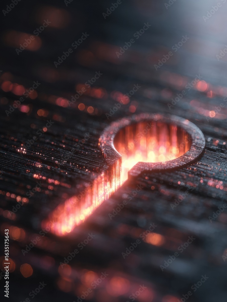 Poster glowing key symbol rests on textured background illuminated by warm light effects creating a captiva