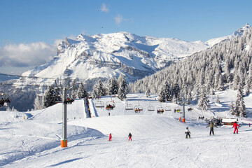 Ski slopes in the ski area des Houches Chamonix Mont-Blanc Haute-Savoie France