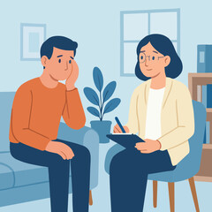 Psychotherapy session with male client and female therapist – flat vector illustration of mental health consultation, counseling support, depression treatment
