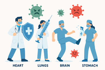 Flat Medical Team Fighting Virus with Human Organs Icons
