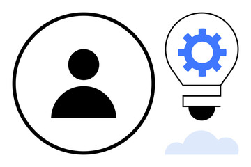 Black human profile icon inside circle next to light bulb with gear, symbolizing ideas and innovation. Ideal for creativity, innovation, brainstorming, technology, business growth, problem-solving